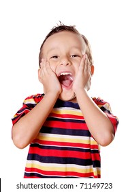 Child expressing surprise and happiness over white background