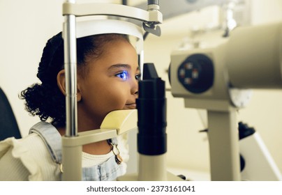 Child, eye exam and optometry for medical, vision and healthcare consultation or glaucoma check. Young client or girl kid with laser technology, blue light or machine scanning and ophthalmology test - Powered by Shutterstock