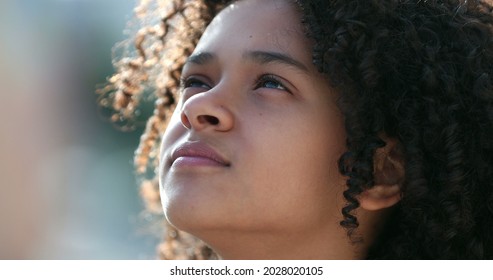 Child Face Looking At Sky, Close-up Kid Looks Up