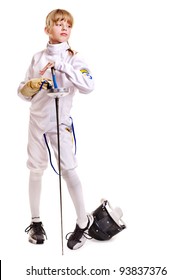 Child in fencing costume holding epee . Isolated.