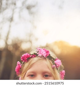 Child, flower crown and eyes for fun, playful space and peekaboo games outside nature. Girl, kid and youth in hide and seek activity, backyard dress up and fairy princess costume for birthday - Powered by Shutterstock