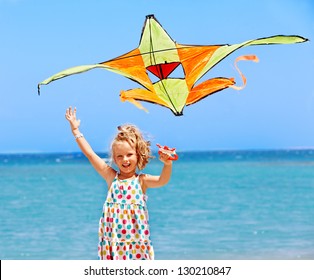 Child Flying Kite Beach Outdoor.