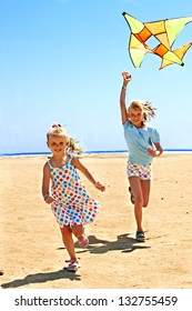 Child Flying Kite Beach Outdoor.