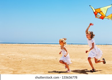 Child Flying Kite Beach Outdoor.