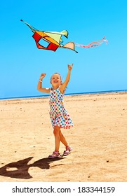 Child Flying Kite Beach Outdoor.