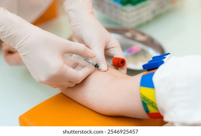 Child getting vaccinated at clinic today. A healthcare professional administers a vaccination to a child in a bright medical clinic setting. - Powered by Shutterstock