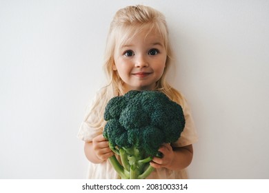 Child Girl With Broccoli Organic Vegetable Food Healthy Lifestyle Vegan Menu Plant Based Diet Nutrition Funny Kid 