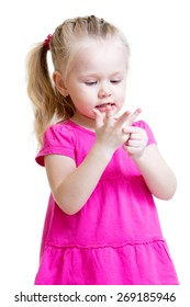 Child Girl Counting On Fingers Of Her Hands Isolated