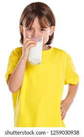 Child Girl Drinking Milk Kid Glass Healthy Eating Portrait Format Isolated On A White Background