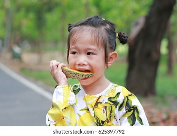 Child Girl Eating Sliced Cantaloupe Melon In The Park