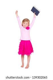 Child Or Girl Holding Book Above Head Isolated On White Background