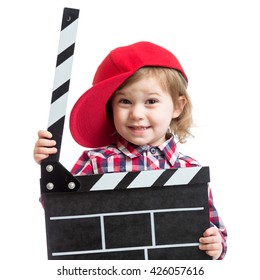 Child Girl Holding Clapper Board In Hands Isolated