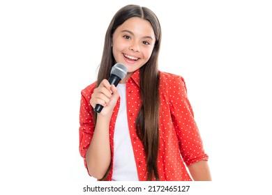 Child Girl Holding Wireless Microphone For Karaoke Singing Or Talk And Speaker On White Background Isolated With Space. Portrait Of Emotional Amazed Excited Teen Girl. Portrait Of Smiling Teenage