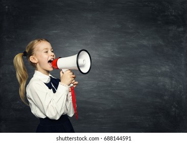 Child Girl Megaphone Announcement, School Kid Announce Scream Speaker Over Blackboard