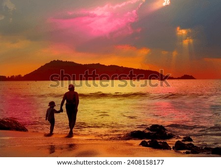 Child girl with mother on the beach.  rear view. Relaxing. Summer sunset. Enjoying Life. 
 Fantastic view of the dark overcast sky.            