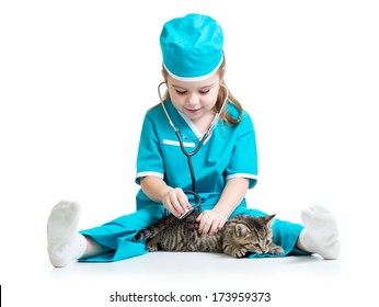 Child Girl Playing Doctor With Cat Kitten