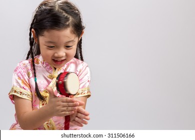 Child Girl Playing Toy Drum 