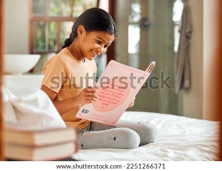 Child or girl reading for home learning, story and language education with creative development o bed. Happy, kindergarten Indian kid with English books for smart, intelligent and fun house activity