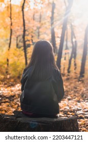 Child Girl Sits Alone On A Wooden Stump While Walking Through The Forest On An Autumn Day. Loneliness And Melancholy Concept.