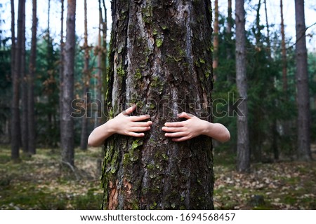 Child girl stand behind and give hug to tree in forest. Concept of global problem of carbon dioxide and global warming. Love of nature. Hands around the trunk of a tree.