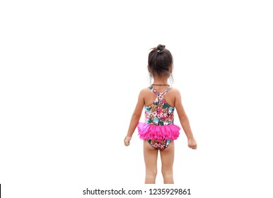 Child Girl Wearing Swimsuit Standing Back On White Background