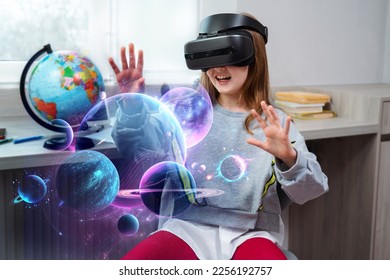 Child girl wearing virtual reality headset and looking at digital space system with planets or Universes. Space exploration with augmented reality glasses. - Powered by Shutterstock