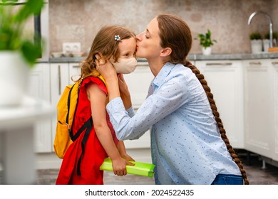 Child Going Back To School. Mother And Kid Getting Ready For First School Day After Vacation. Little Girl And Mom Going To Kindergarten Or Preschool. Student Holding Books, Her Hands