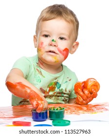 Child Grabbing Some Paint Using Fingers Stock Photo 113527963 ...