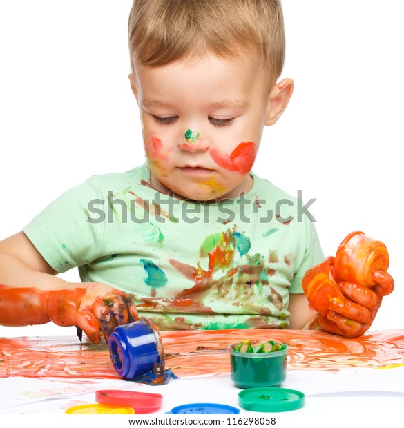 Child Grabbing Some Paint Using Fingers Stock Photo 116298058 ...