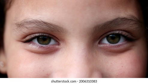 Child Green Eyes Macro Close-up. Girl Face Looking At Camera