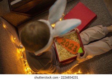 A child in the guise of a rabbit holds a red box containing a carrot with the numbers of the New Year 2023. Against the background of garlands and toys. The concept of the New Year - Shutterstock ID 2226854231
