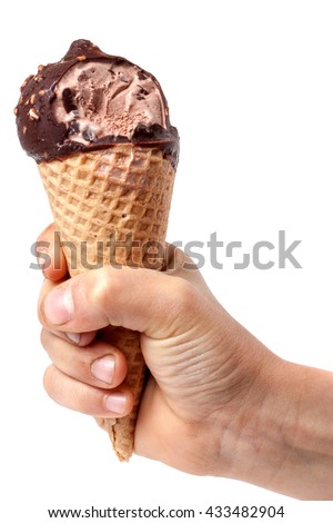 child' hand holding bitten off ice cream isolated on white