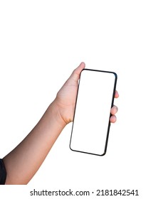 Child Hand Holding Mobile Phone Isolated On White Background. Mock-up Smartphone Blank Screen With Clipping Path