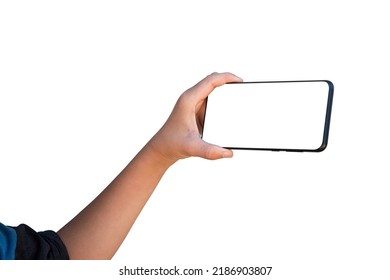 Child Hand Holding Mobile Phone Isolated On White Background. Mock-up Smartphone Blank Screen With Clipping Path