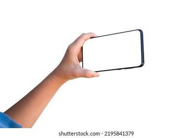 Child Hand Holding Mobile Phone Isolated On White Background. Mock-up Smartphone Blank Screen With Clipping Path