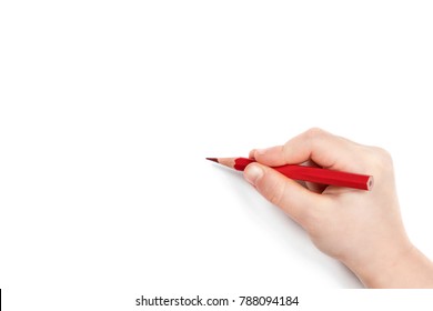 Child Hand Holding A Red Pencil And Getting Ready To Draw, Isolated On A White Background