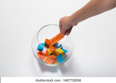 Child Hand Picking Winner From A Glass Bowl, Random Name Ballot, Simple Raffle