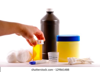 Child Hand Reaching For Prescription Medicine On White Background.