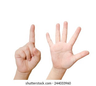 Child Hand Is Showing Six Fingers Isolated On White Background