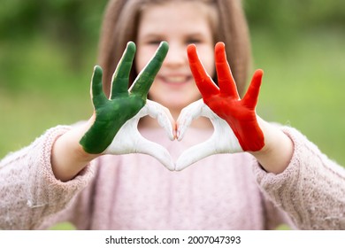 Child Hands In Heart Shape Painted In Mexico Flag Color, Focus On Hands. Love Mexico. Concept Of Mexican Patriotism And Pride. Mexican Independence Day 16 September. February 5 Day Of Conference