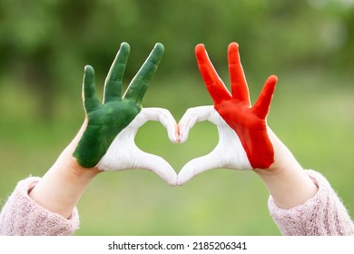 Child Hands In Heart Shape Painted In Mexico Flag Color. Love Mexico. Concept Of Mexican Patriotism And Pride. Mexican Independence Day 16 September. February 5 Day Of Conference. February 24