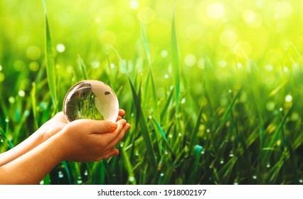 Child hands  holding glass green planet. Save Earth. Concept of the Environment World Earth Day