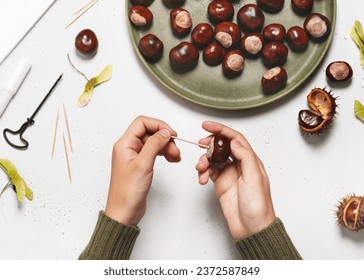 Child hands insert toothpick into the chestnut. Cute and simple fall craft for kids. Step 4. Tutorial