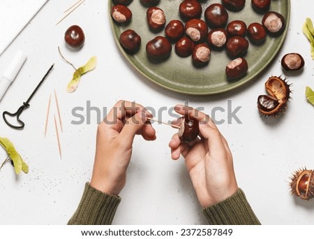 Child hands insert toothpick into the chestnut. Cute and simple fall craft for kids. Step 4. Tutorial