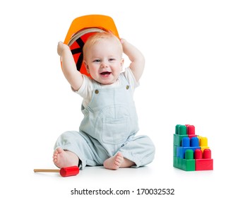 Child With Hard Hat And Building Blocks
