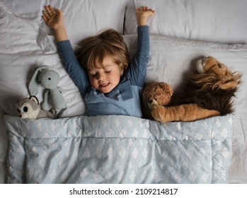 Child having fun before sleeping. Toddler emotion before a sleeping. View from above.Healthy child, sweetest blonde toddler boy  in a bed with a teddy bear and another stuffed animals. 