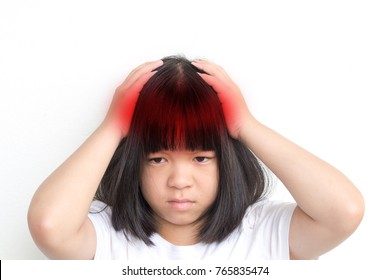 Child Headache Concept. Asia Female Kid Hand On Her Head With Red Spot As Brain Illness 