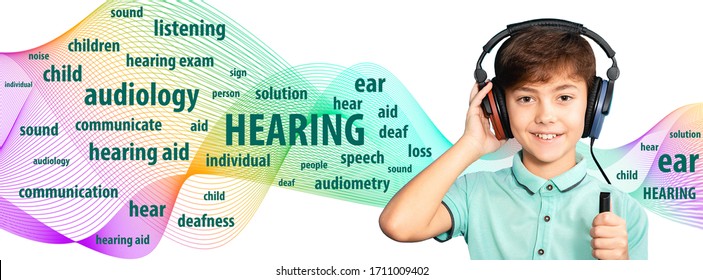 Child Hearing Test, Audiometry Concept. Cute Smiling Boy In Headphones Having Hearing Check-up. Sound Waves On Background