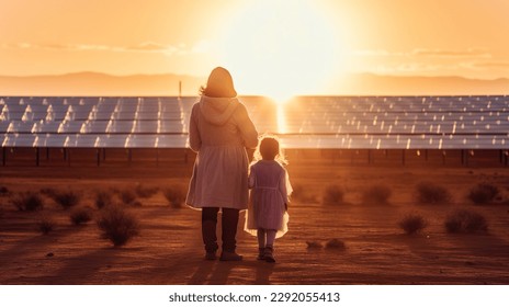 A child and her mother in the fresh open air, beside solar panels on a sunny day at a farm in Desert. - Powered by Shutterstock