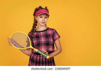 Child Hold Badminton Racket. Kid Tennis Player. Back To School. Happy And Healthy Childhood